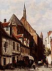 Famous Church Paintings - A Busy Street In Bremen With The Saint Johann Church In The Background